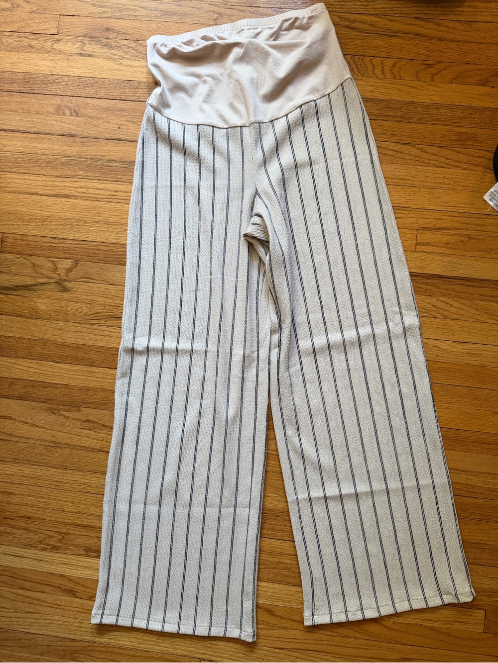 H&M Cream Wide-Leg Maternity Pants with Navy Pinstripes